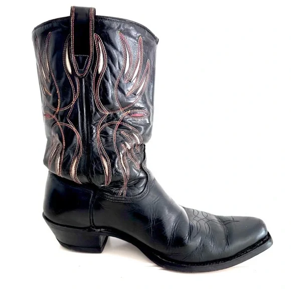 Vintage Cowboy Boots Black Embroidered Genuine Leather - Picture 3 of 5